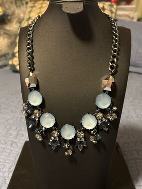 Gun Metal Fashion Blue Faceted Glass Statement Necklace - Women Jewelry